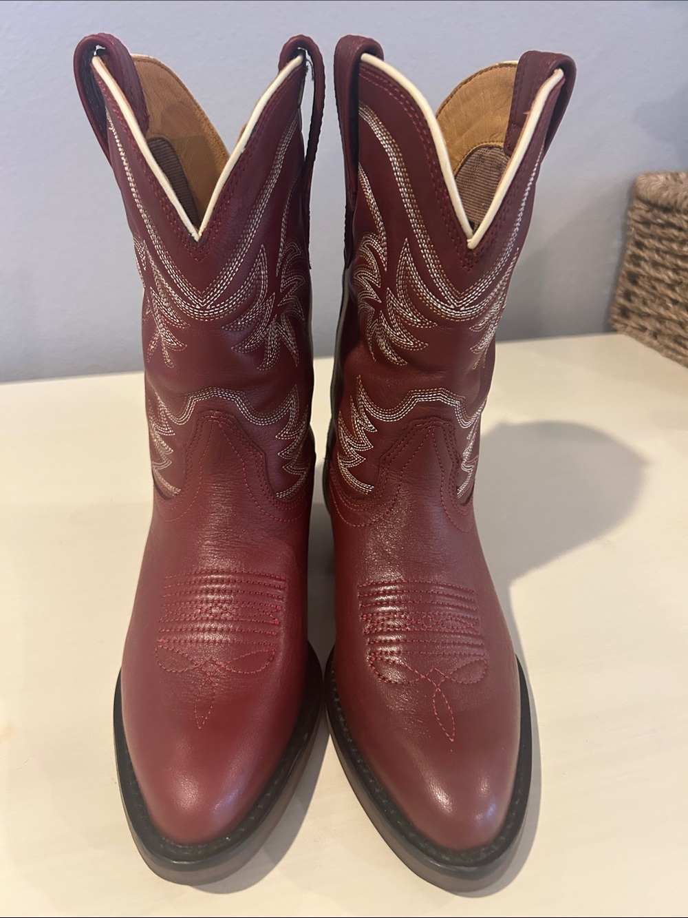 Tecovas Kids Burgundy Leather Cowboy Boots with White Piping - Picture 4 of 4